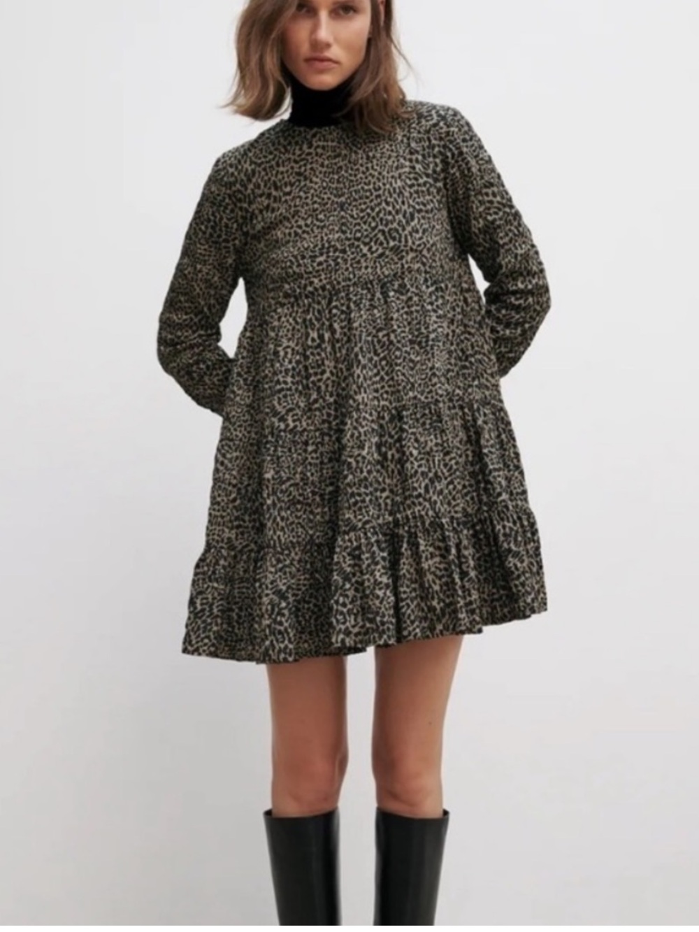 Zara Leopard Print Long-Sleeve Tiered Mini Dress in Taupe and Black